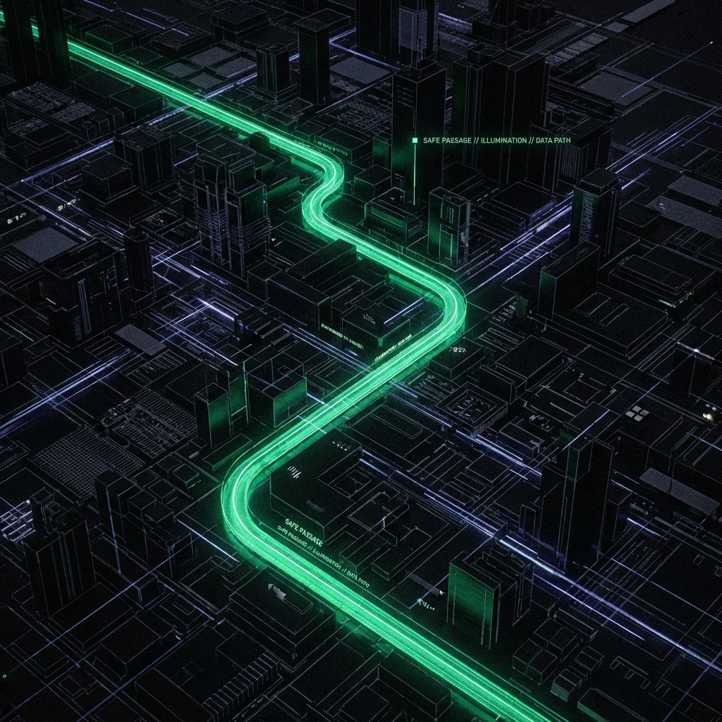 Abstract neon green path through dark city