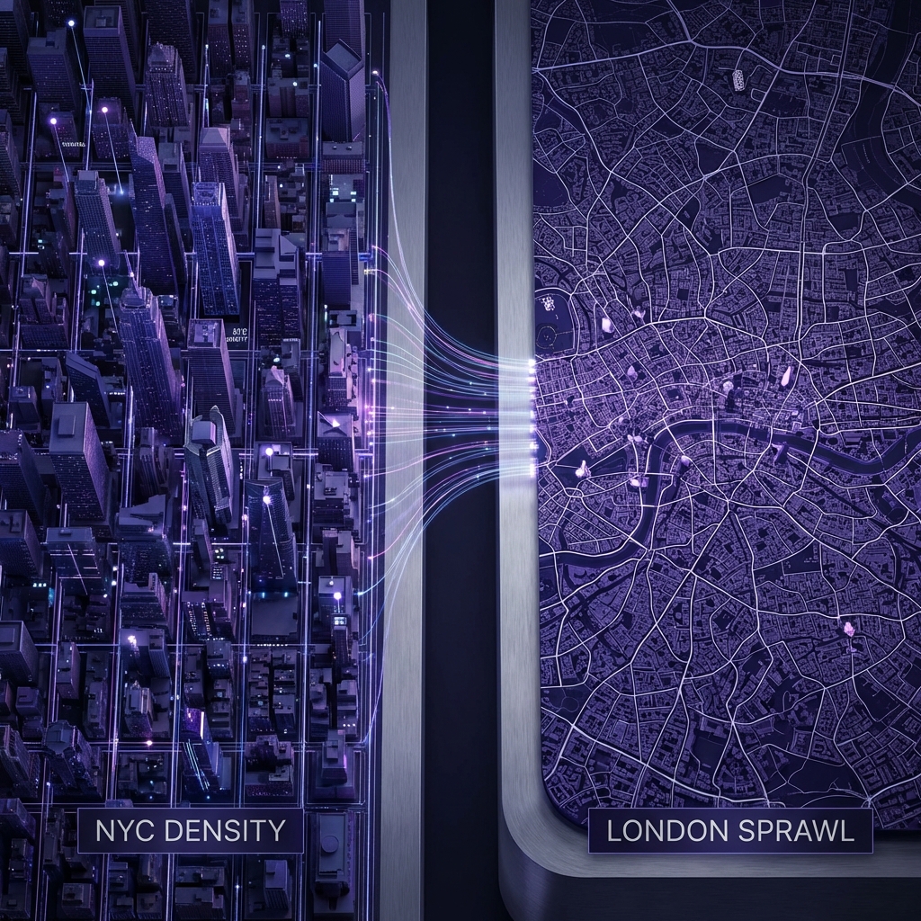 Split screen comparison of NYC and London grids